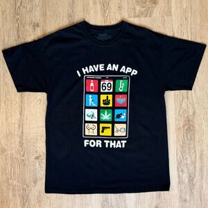 Spencer’s Graphic T-Shirt Black L Funny Icons Humor App Parody Tee USA Cotton